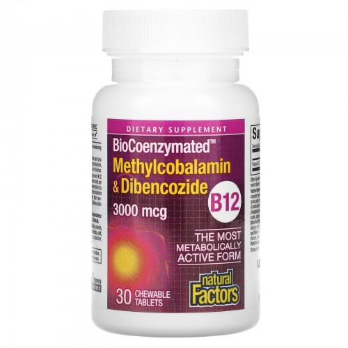 Natural Factors, BioCoenzymated, B12, метилкобаламин и дибенкозид, 3000 мкг, 30 жевательных таблеток Natural Factors, BioCoenzymated, B12, метилкобаламин и дибенкозид, 3000 мкг, 30 жевательных таблеток